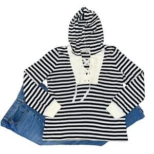 NWT LOFT Navy & White/Ivory Striped Lace Up Hooded Sweatshirt - SIZE MEDIUM